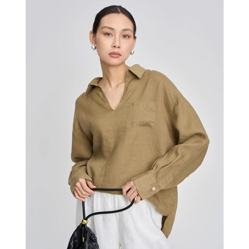 Linen V-neck Long Sleeved Shirt for Women