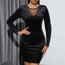 Black Rhinestone Mesh-Detail Velvet Dress