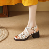 Open Toe Chunky Heel Leather Sandals