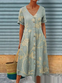 Women's Geometric V-Neck Linen-Look A-Line Dress