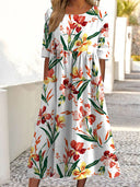 Vestido largo estampado de manga corta para mujer con bolsillos
