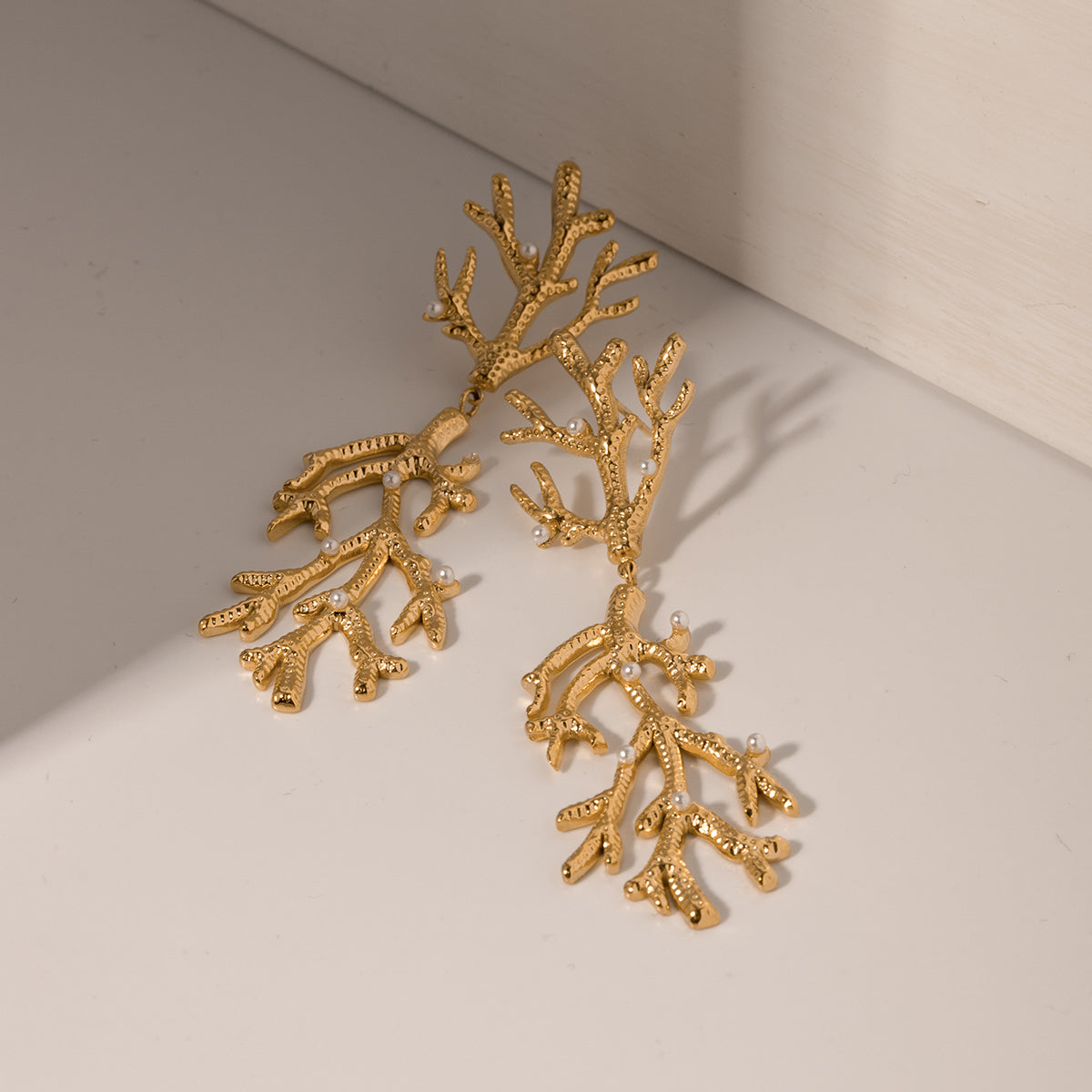 Gold Plated Coral Pearl Pendant Earrings