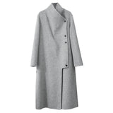 Minimalist Woolen Coat for Women with Stand Collar and Slit