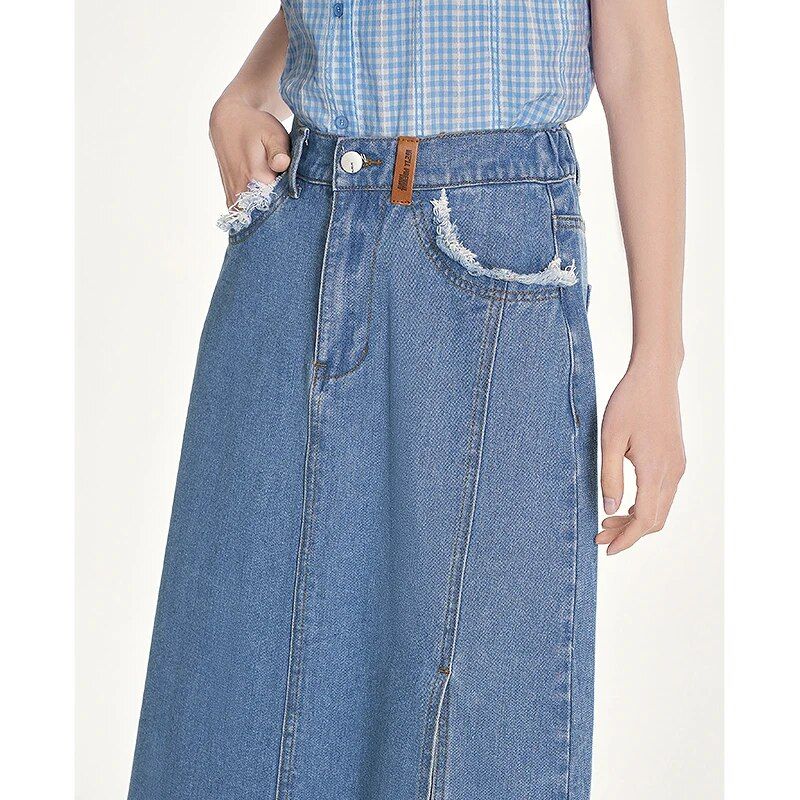 Summer Chic Denim A-Line Skirt with Plush Edges and Split Hem