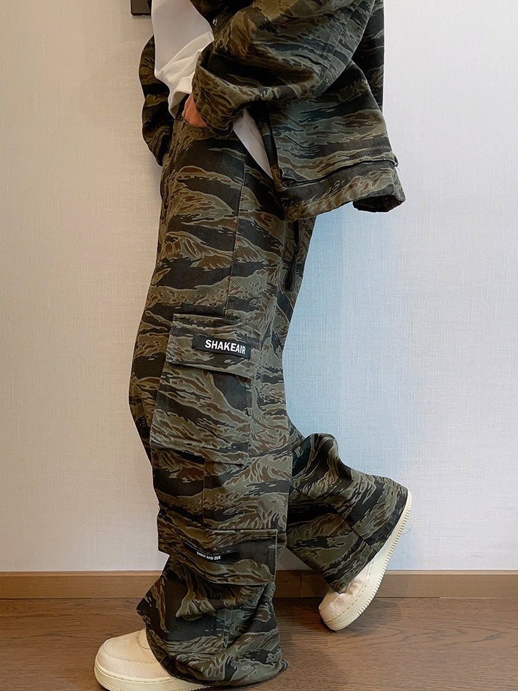 Loose Tiger Pattern Camouflage Pocket Overalls Men Straight-leg Pants