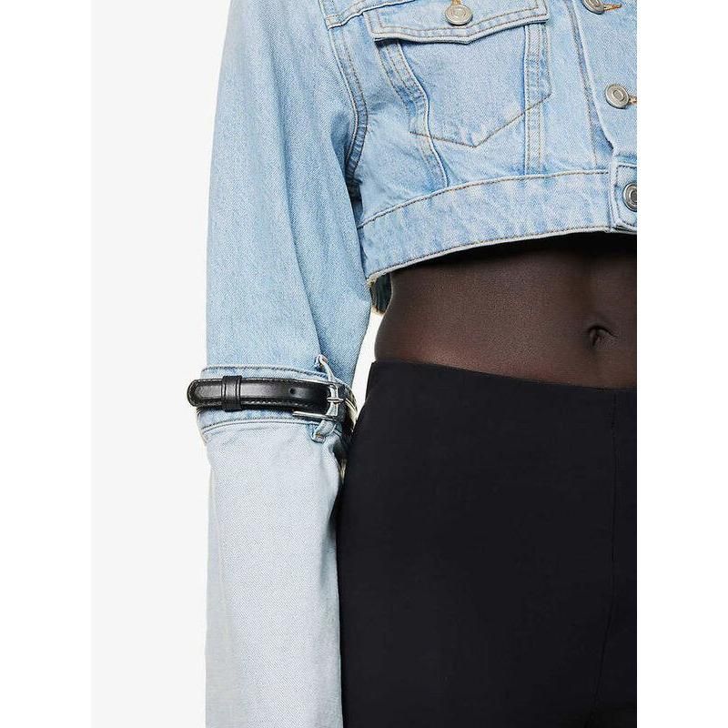 Chic Short Denim Jacket with Belt and Spliced Sleeves for Women