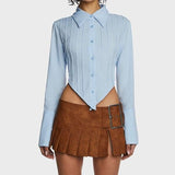 Chic Blue Lace-Up Back Blouse with V-Shaped Hem