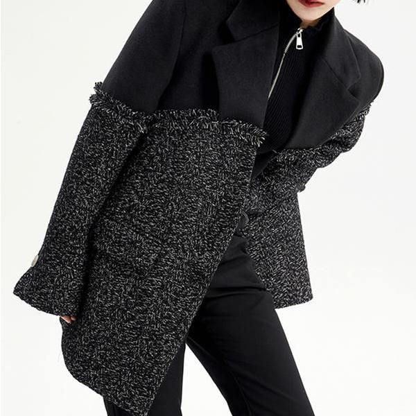 Black Tweed Woolen Coat Parkas