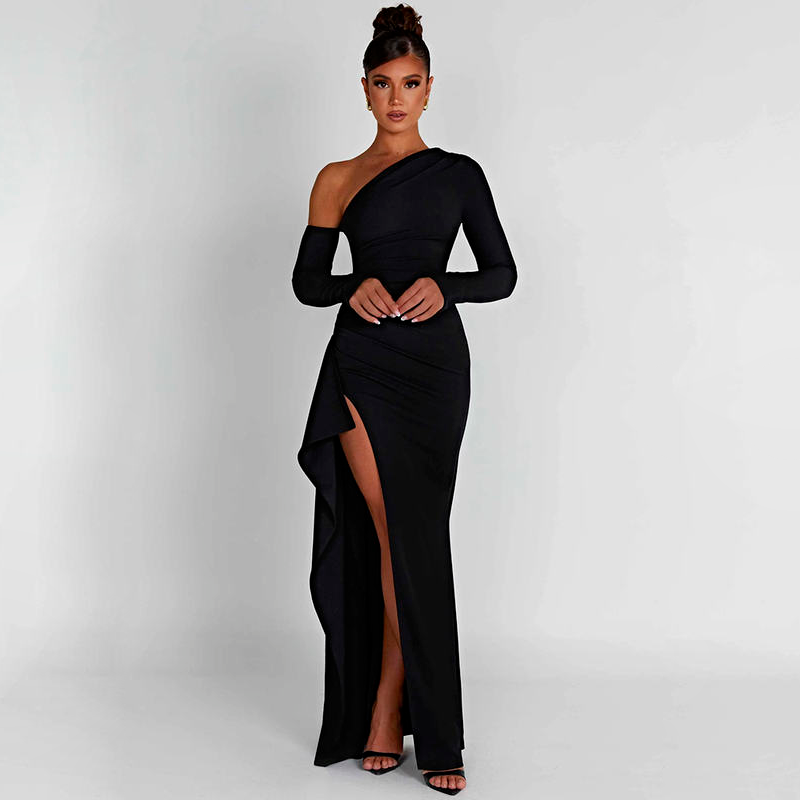 Chic Oblique Shoulder Thigh-High Split Maxi Dress - Sleeveless Backless Bodycon for Evening Parties