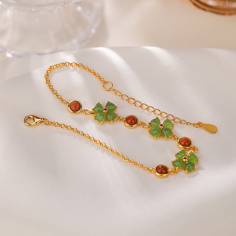 S925 Sterling Silver Gold Plated South Red Hetian Jasper Personalized Fashion Four Leaf Clover Bracelet - Dazpy