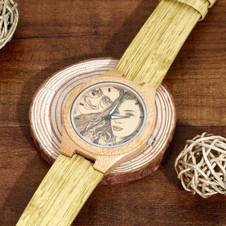 Women's Engraved Bamboo Photo Watch Wooden Leather Strap 40mm - Dazpy