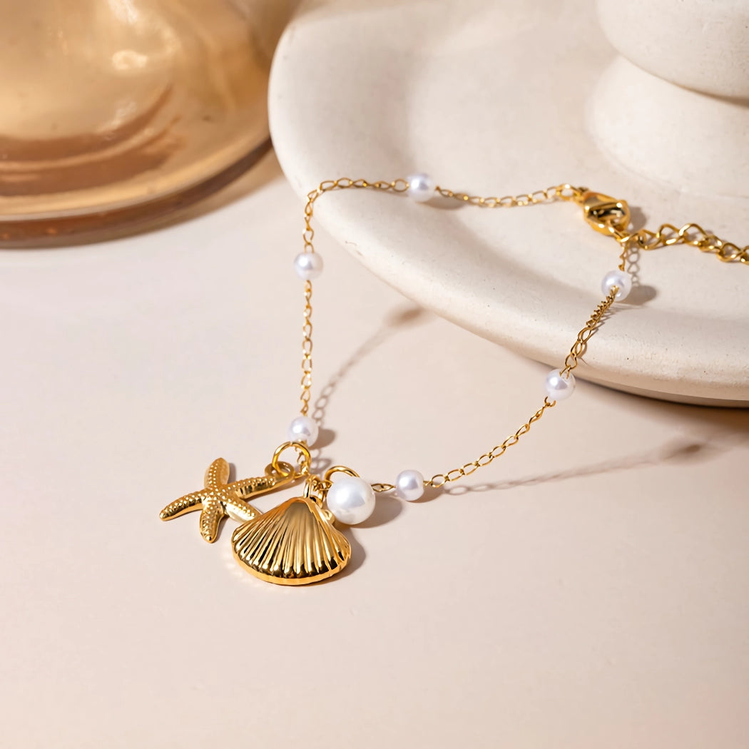 18K Gold-Plated Pearl Starfish Pendant Bracelet