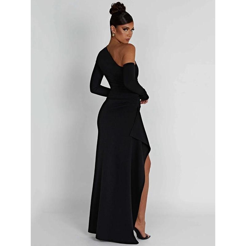 Chic Oblique Shoulder Thigh-High Split Maxi Dress - Sleeveless Backless Bodycon for Evening Parties