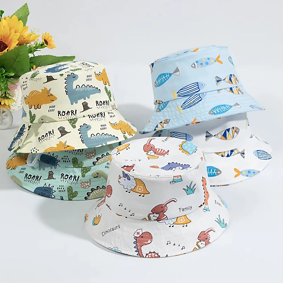 Lindo gorro de pescador de algodón con dibujos animados para bebé con cordón