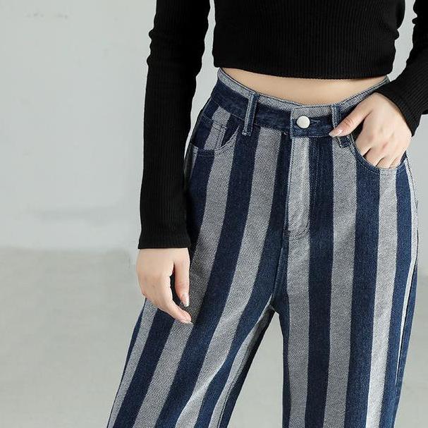 High Waist Vintage Stripe Print Cotton Jeans