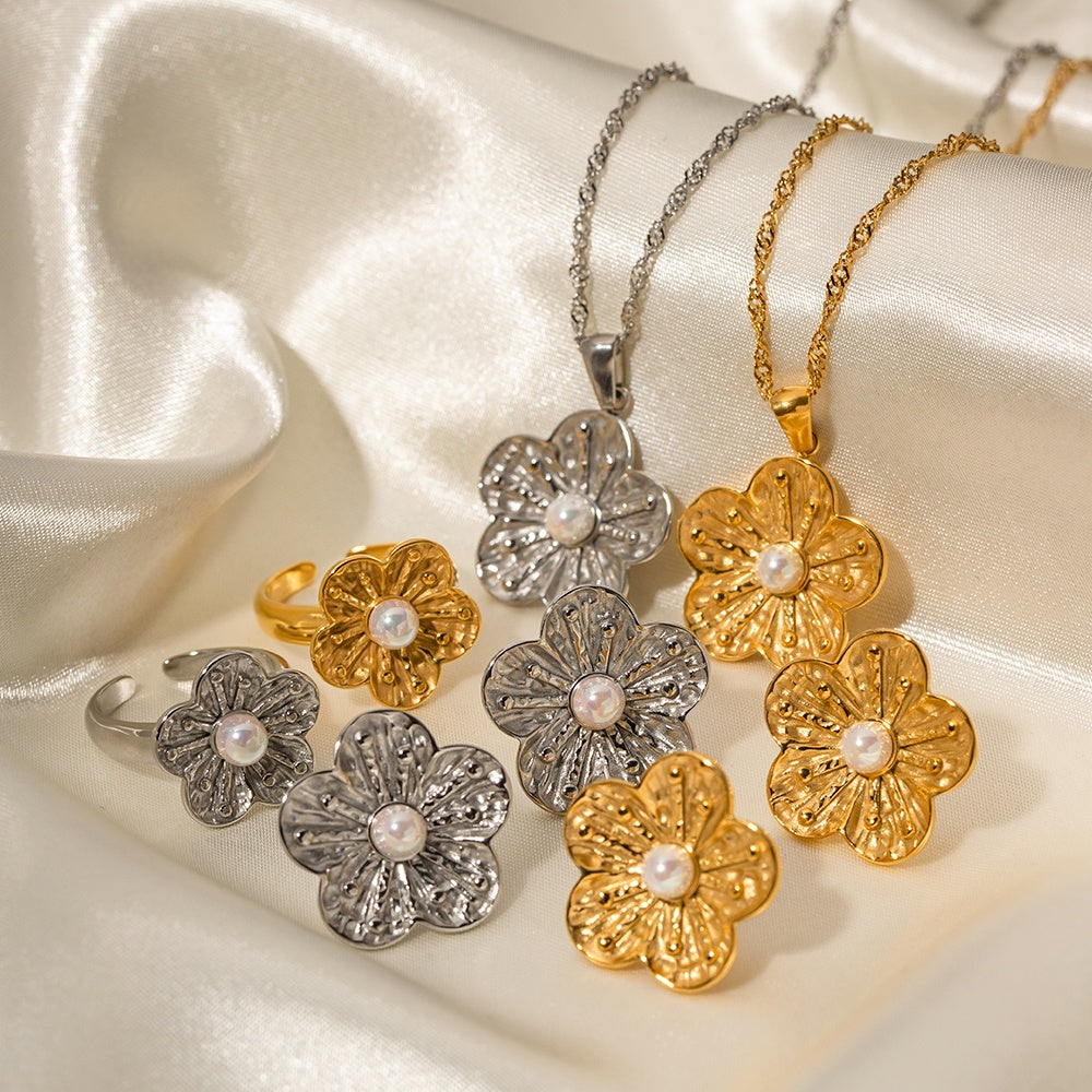 Edelstahl Retro Blumen Schmuck Set