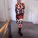 Round-Neck Printed Long-Sleeve Midi Dress
