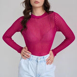 Top transparente elegante de manga larga a rayas para mujer