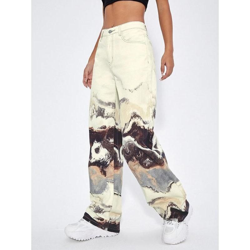 Korean Tie Dye Wide Leg High Waist Jeans