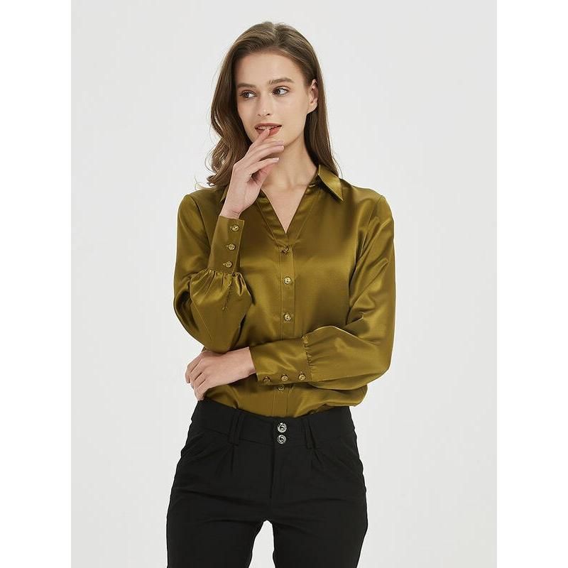 Blusa elegante con cuello en V 100% seda para mujer