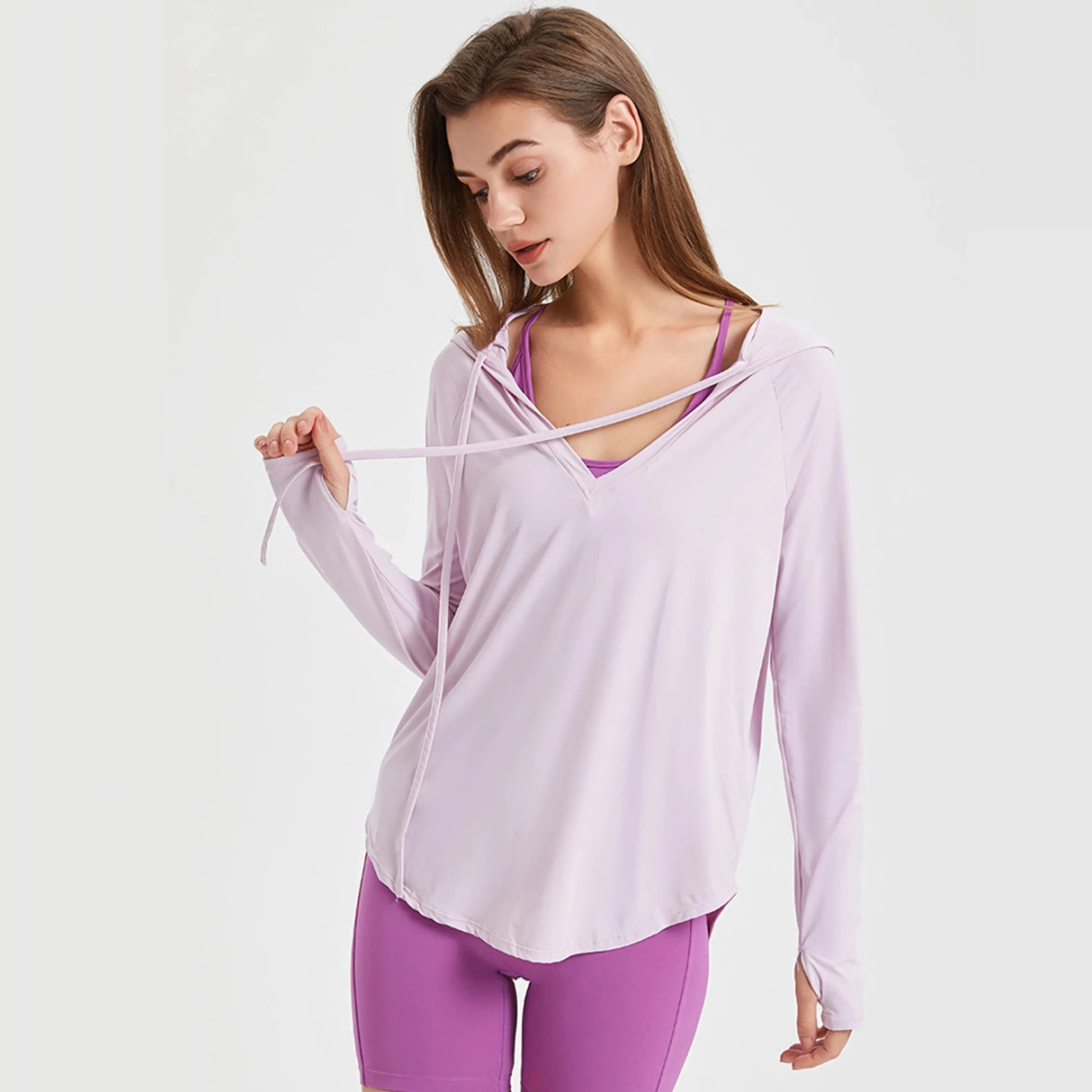 Sudadera con capucha para yoga de manga larga con protección UV para mujer: camiseta de entrenamiento ligera y transpirable