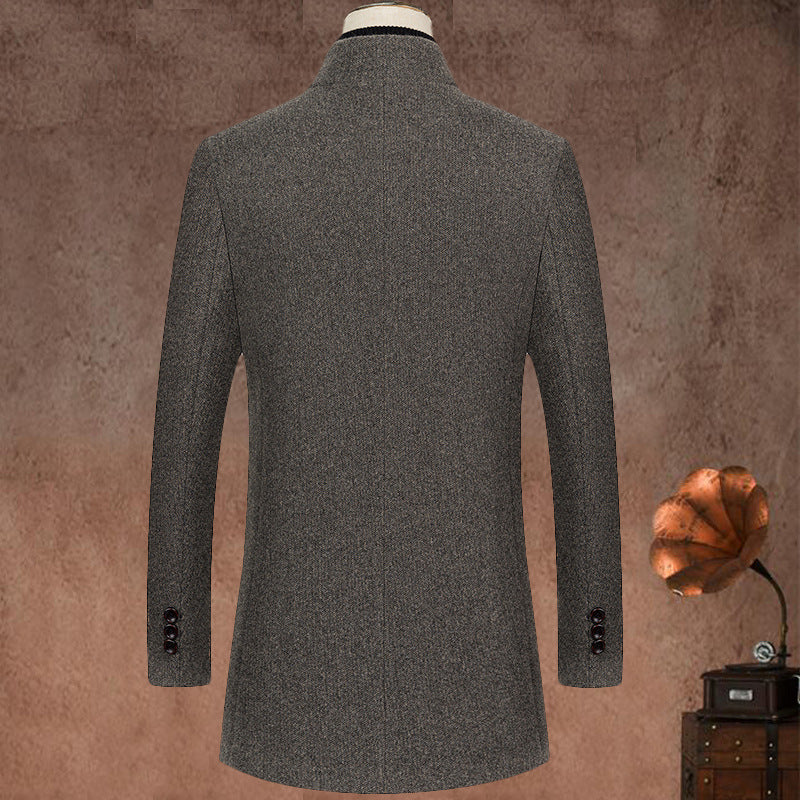 Stand Up Collar Mid Length Woolen Slim Fit Wool Coat