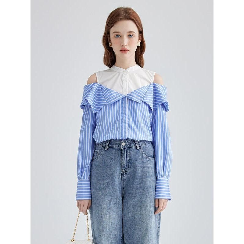 Schicke gestreifte Langarm-Off-Shoulder-Bluse