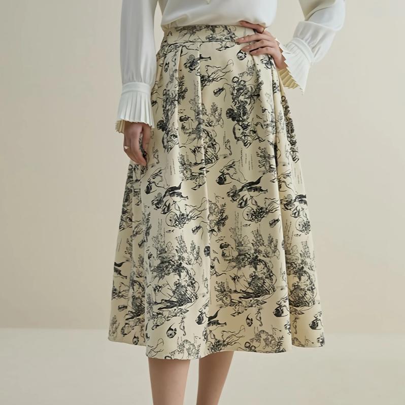 High Waist A-Line Midi Skirt with Ink Animal Print for Winter