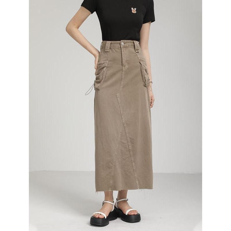 Autumn Vintage High Waist Denim Cargo Skirt with Pockets