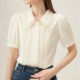 Elegant Summer Embroidered Polo-Neck Blouse with Petal Sleeves