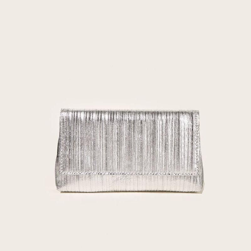 Shiny Silver Vegan Leather Evening Bag with Chain Strap