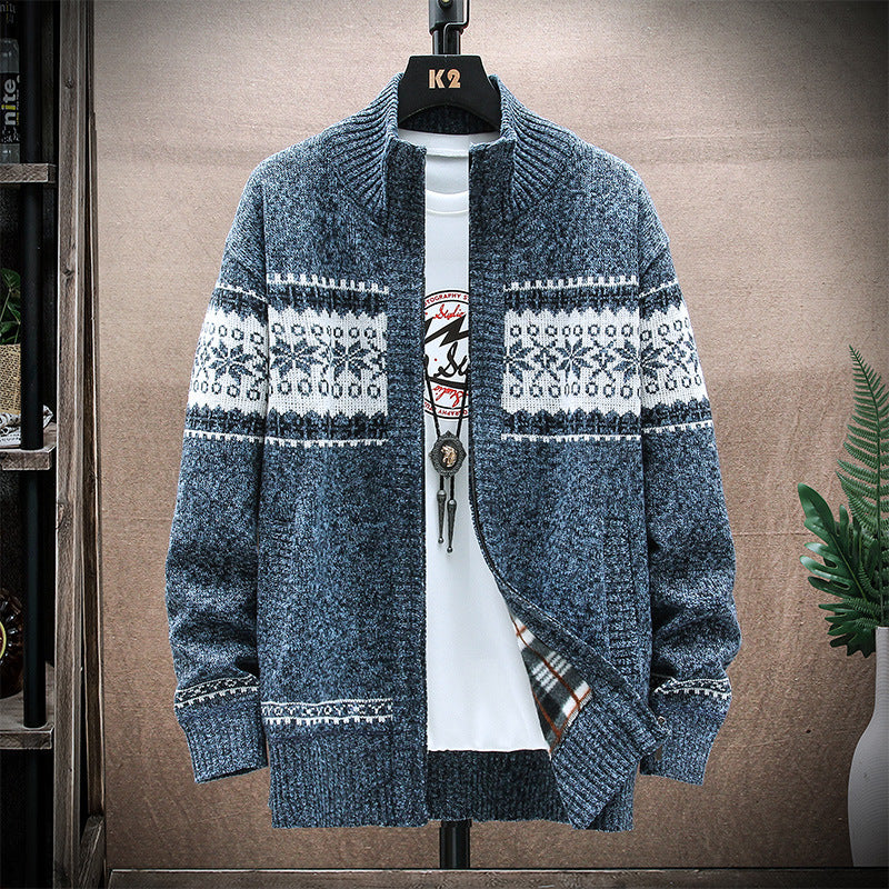 Men's Printed Stand-collar Cardigan Jacket For Outer Wear To Keep Warm And Loose