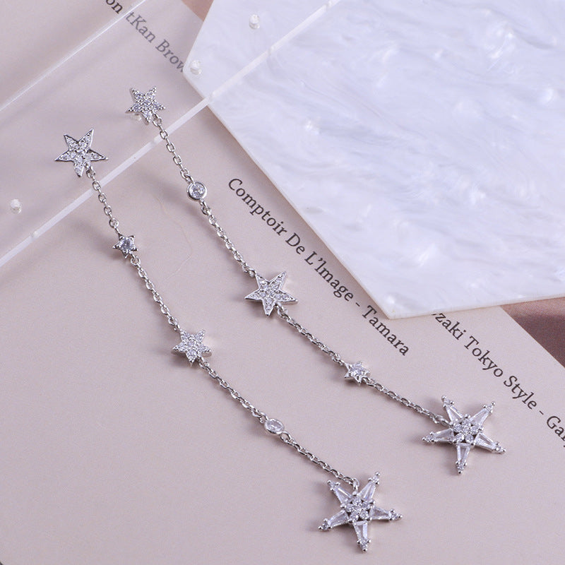 Five-pointed Star Inlaid Zircon Long Chain Earrings - Dazpy