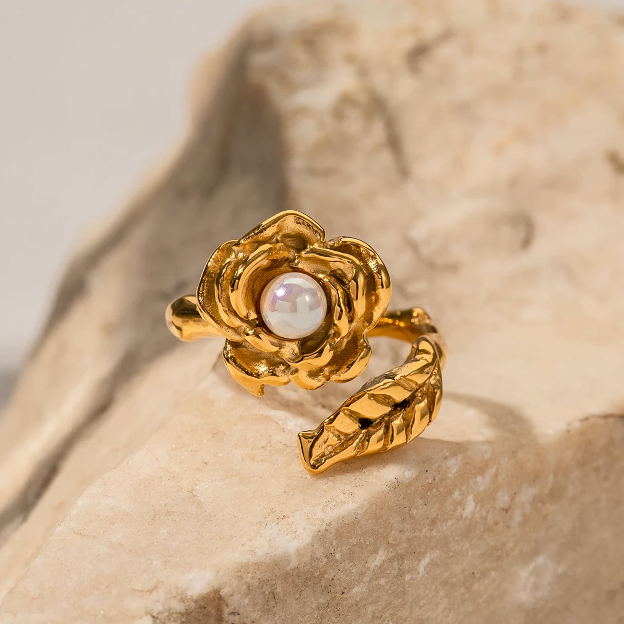 Gold Stainless Camellia Ring with Shellfish Beads