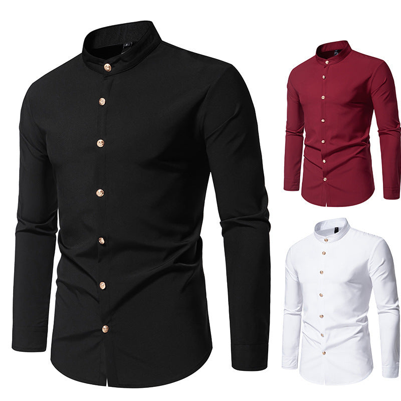 Men's Fashion Solid Color Party Shirt Metal Button Long Sleeve