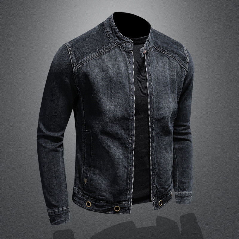 Men's Stand-up Collar Dark Blue Motorcycle Vintage Zipper Denim Coat