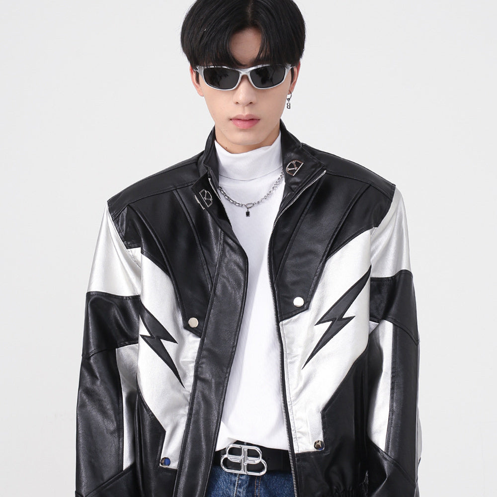 Men's Stand Collar Shoulder Pad Leather Coat