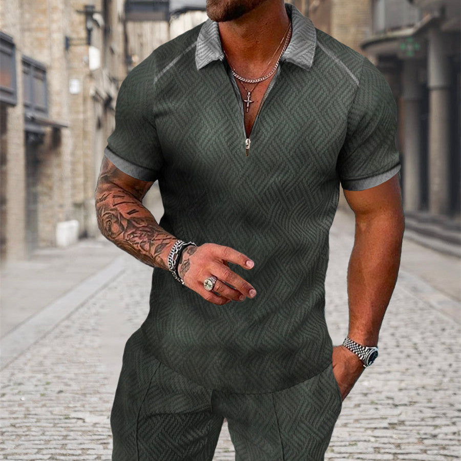 Men's Summer Fashion 3D Printed Short Sleeve Geometric Zip Lapel Shirt Set