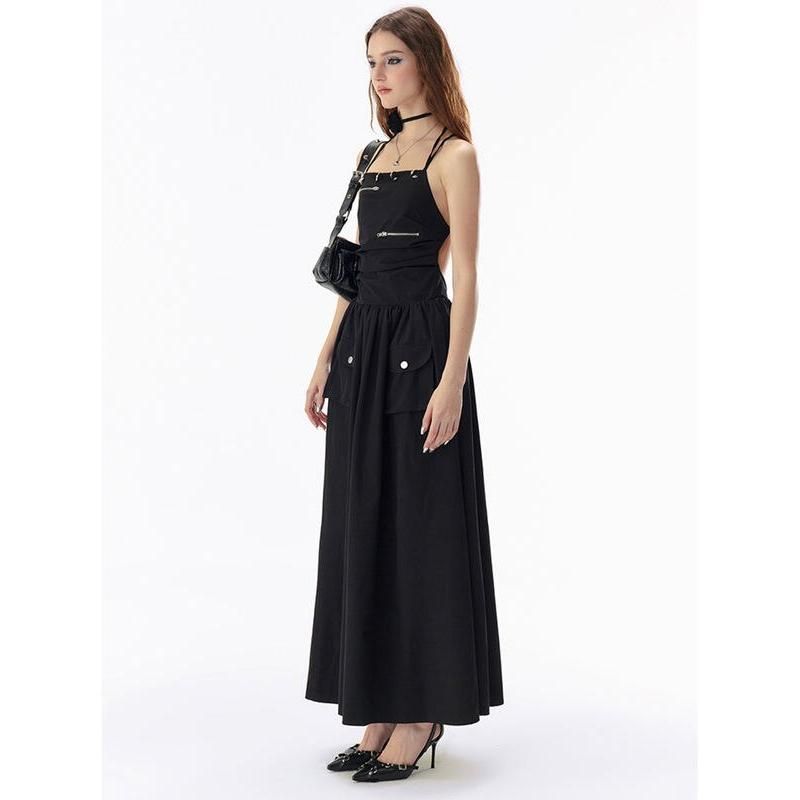 Elegant Basic Solid Black Backless Bandage Maxi Dress with Pockets