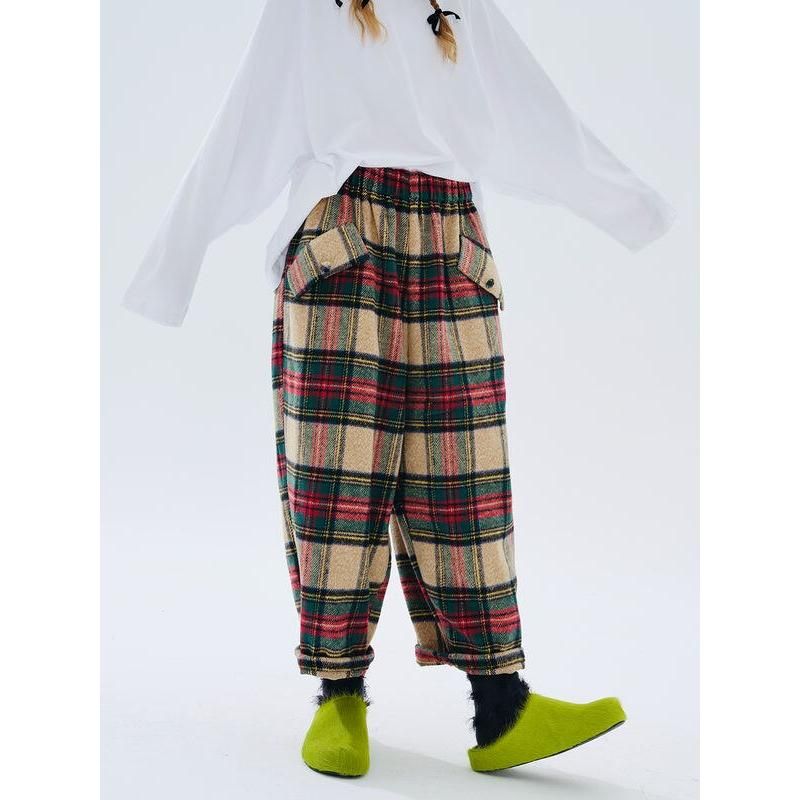 Plaid Wool-Blend Wide Leg Trousers for Women