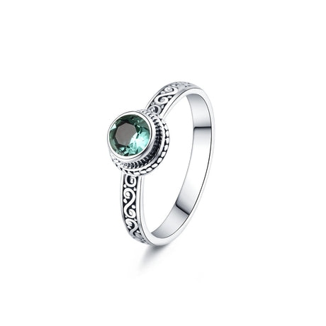 S925 Silver Vintage Ring Round Green Crystal Inlaid - Dazpy