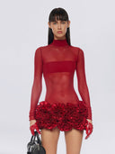 Women's Red Turtleneck Long-Sleeve Dress