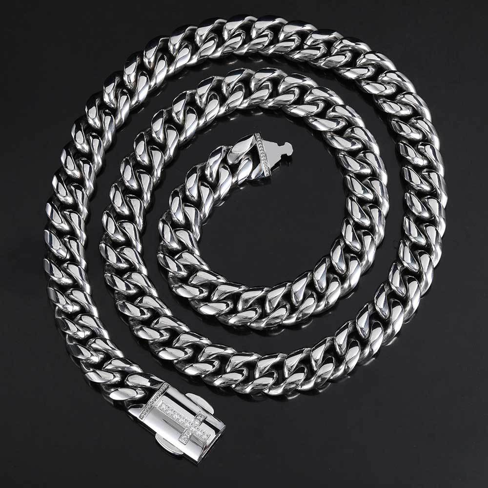 Stainless Steel Encrusted Zircon Spring Buckle Cuban Chain - Dazpy