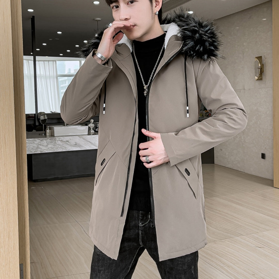 Fleece-lined Hooded Thickened Winter Mid-length Jacket Trench Youth Cotton-padded Men's Coat