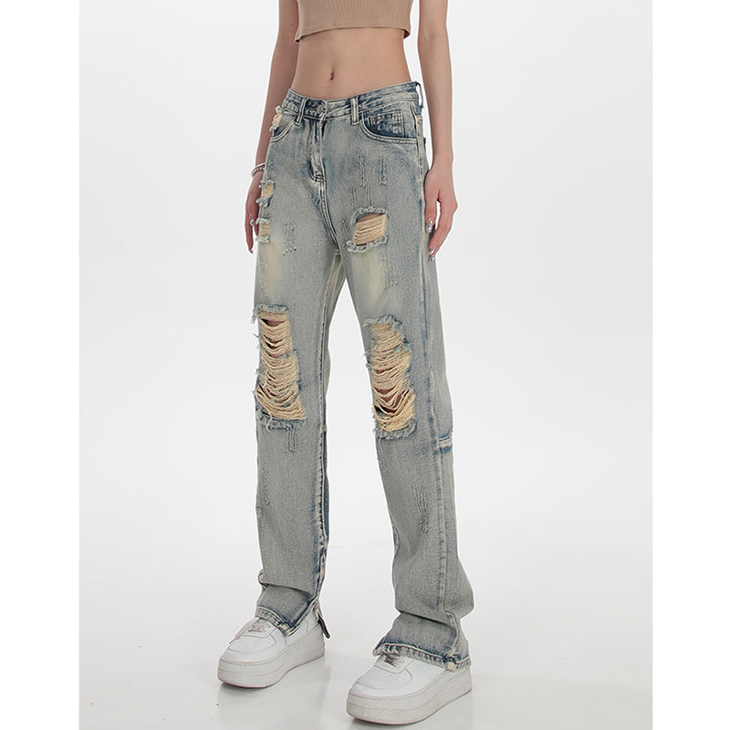 Zerrissene Jeans mit hoher Taille und geradem Bein für Damen