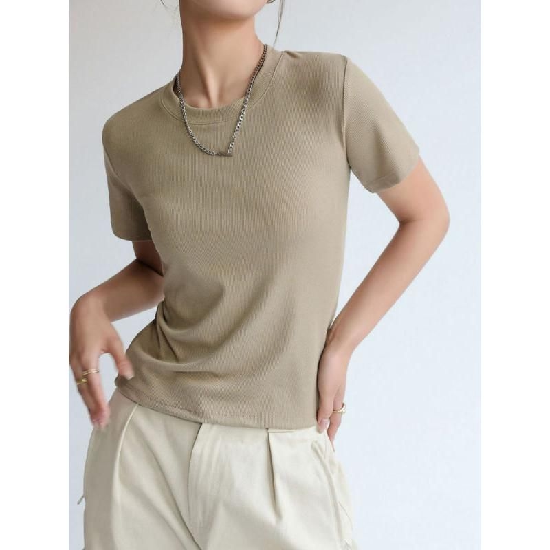 Camiseta de canalé con cuello redondo para mujer