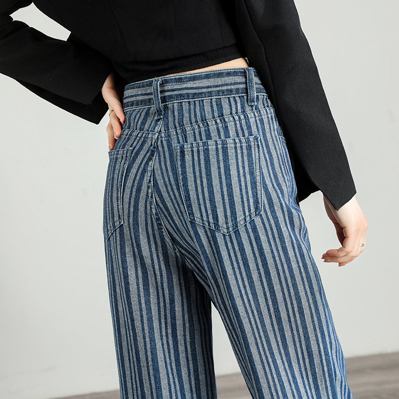 High-Waist Striped Wide-Leg Jeans for Women - Fashionable Street Style Pants