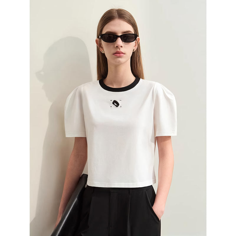 Summer Embroidered O-Neck T-Shirt with Mutton Sleeves