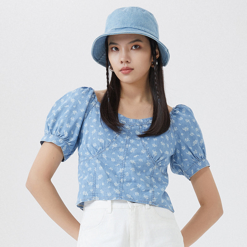 Summer Floral Denim Crop Top with Puff Sleeves