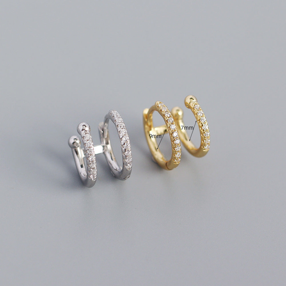 S925 Silver Geometric Metal Double Round Micro Inlaid Zircon Ear Buckle Earrings - Dazpy